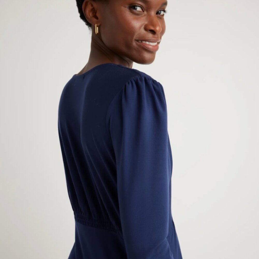 Quince Tencel Jersey V-Neck Long Sleeve Midi Dress Navy Sz S #84 - Picture 4 of 9